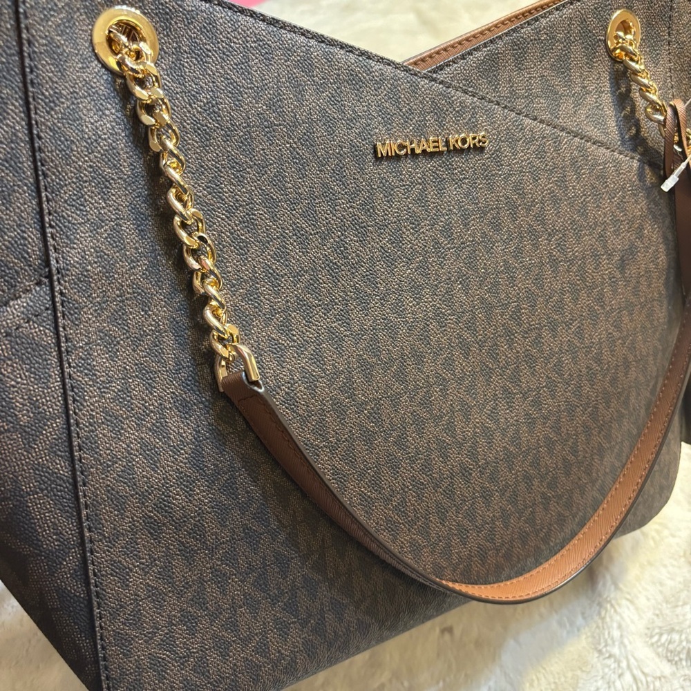 NWT Michael Kors Bag Jet Set Travel Large Chain Shoulder Tote Brown Gold Accents - Picture 12 of 16